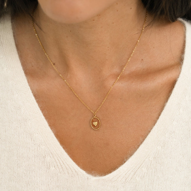 Necklace - enameled oval pendant and heart