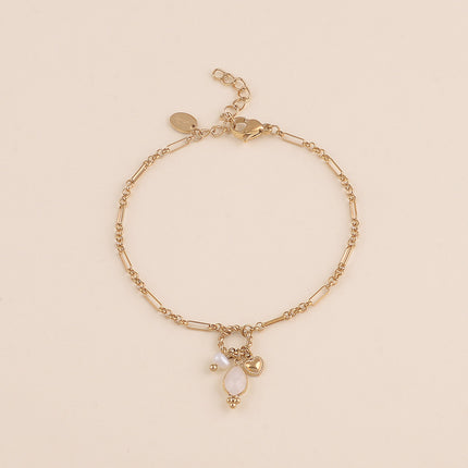 Bracelet - maille alternée 1/5, anneau torsadé, coeur, perle d'eau douce et goutte en pierre naturelle