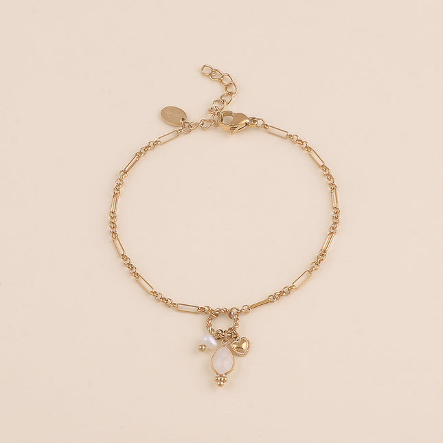 Bracelet - maille alternée 1/5, anneau torsadé, coeur, perle d'eau douce et goutte en pierre naturelle