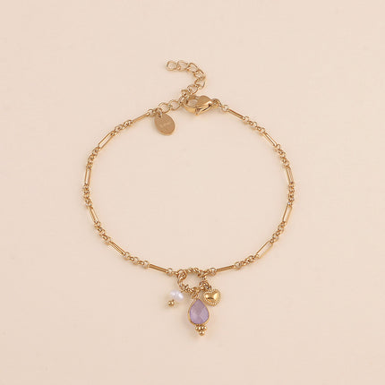 Bracelet - maille alternée 1/5, anneau torsadé, coeur, perle d'eau douce et goutte en pierre naturelle