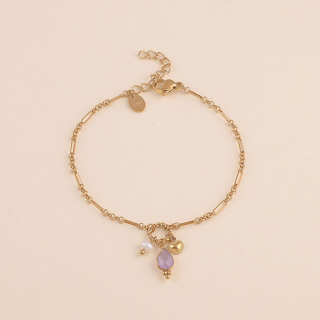 Bracelet - maille alternée 1/5, anneau torsadé, coeur, perle d'eau douce et goutte en pierre naturelle
