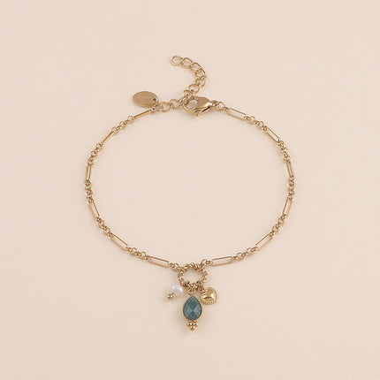 Bracelet - maille alternée 1/5, anneau torsadé, coeur, perle d'eau douce et goutte en pierre naturelle