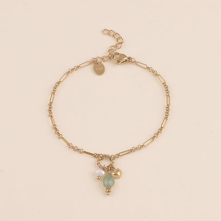 Bracelet - maille alternée 1/5, anneau torsadé, coeur, perle d'eau douce et goutte en pierre naturelle