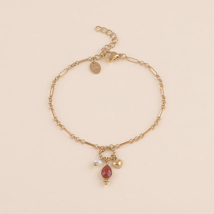 Bracelet - maille alternée 1/5, anneau torsadé, coeur, perle d'eau douce et goutte en pierre naturelle