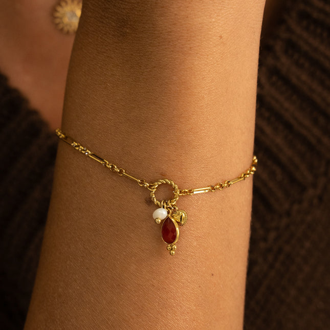 Bracelet - 1/5 alternating link chain, twisted ring, heart, freshwater pearl and natural stone drop
