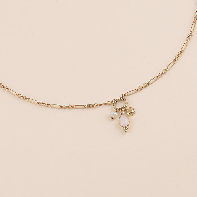 Collier Y - maille alternée 1/5, anneau torsadé, coeur, perle d'eau douce et goutte en pierre naturelle