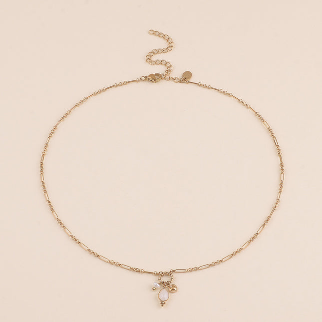 Collier Y - maille alternée 1/5, anneau torsadé, coeur, perle d'eau douce et goutte en pierre naturelle
