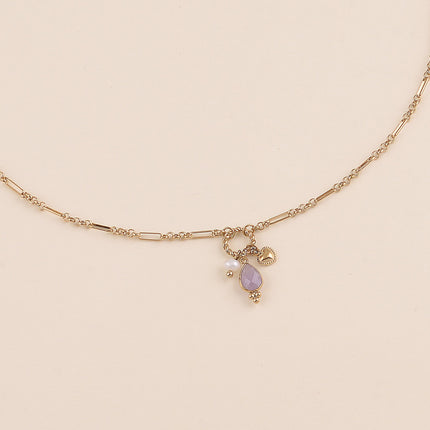 Collier Y - maille alternée 1/5, anneau torsadé, coeur, perle d'eau douce et goutte en pierre naturelle