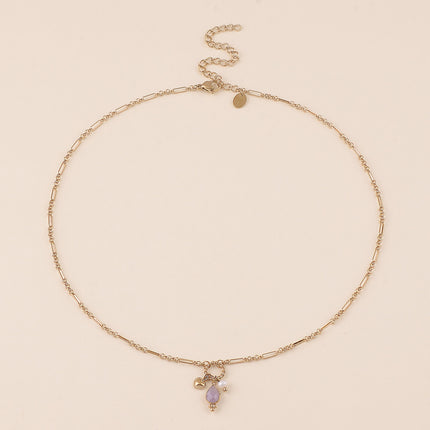 Collier Y - maille alternée 1/5, anneau torsadé, coeur, perle d'eau douce et goutte en pierre naturelle