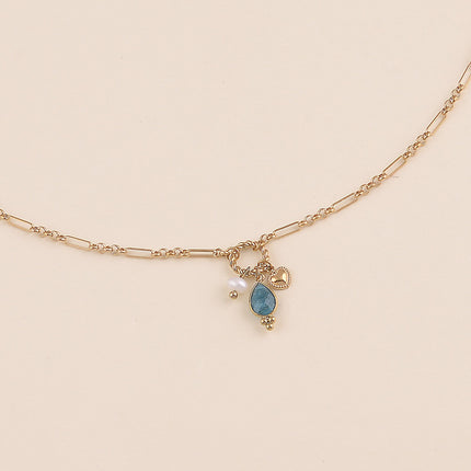 Collier Y - maille alternée 1/5, anneau torsadé, coeur, perle d'eau douce et goutte en pierre naturelle