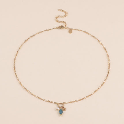 Collier Y - maille alternée 1/5, anneau torsadé, coeur, perle d'eau douce et goutte en pierre naturelle