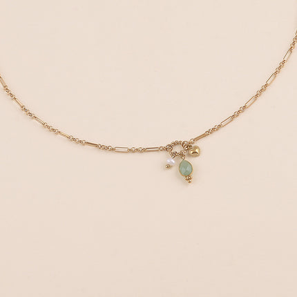 Collier Y - maille alternée 1/5, anneau torsadé, coeur, perle d'eau douce et goutte en pierre naturelle