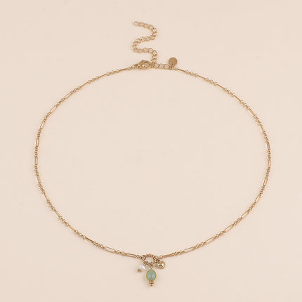 Collier Y - maille alternée 1/5, anneau torsadé, coeur, perle d'eau douce et goutte en pierre naturelle
