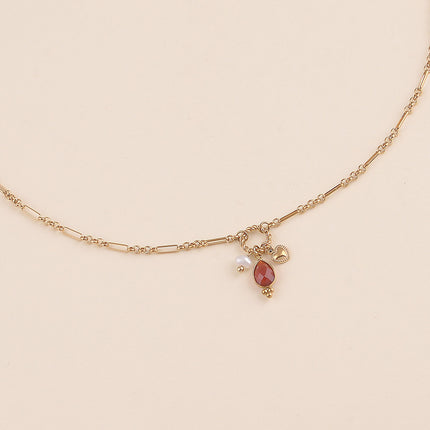 Collier Y - maille alternée 1/5, anneau torsadé, coeur, perle d'eau douce et goutte en pierre naturelle
