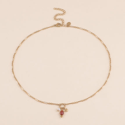 Collier Y - maille alternée 1/5, anneau torsadé, coeur, perle d'eau douce et goutte en pierre naturelle
