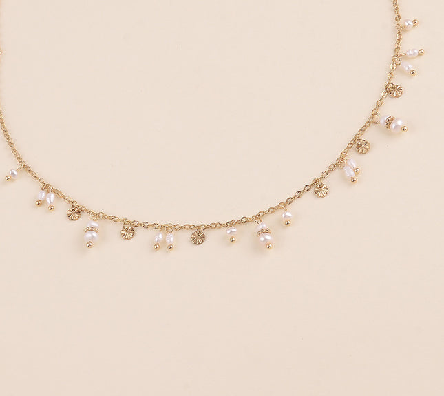 Collier - pampilles rondes finition martelée en étoile et perles d'eau douce