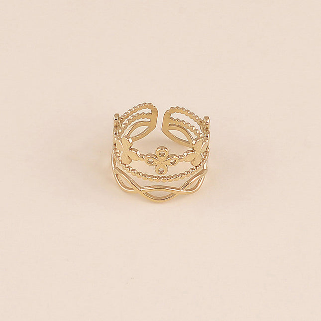 Bague large - 3 rangs trèfles, milgrain et tressé