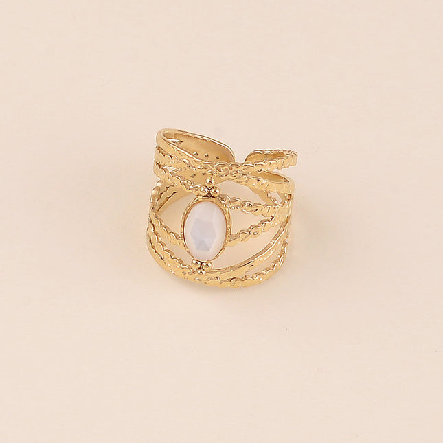 Bague - anneau aux lignes texturées et pierre en nacre