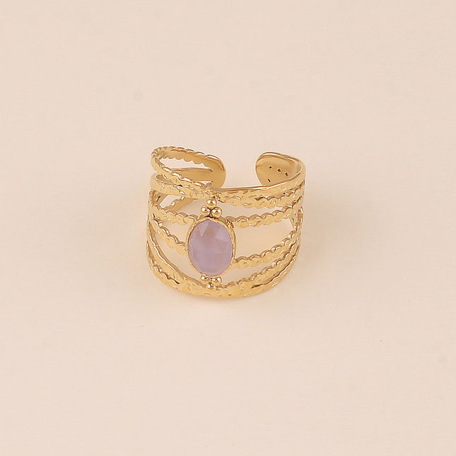 Bague - anneau aux lignes texturées et pierre naturelle ovale