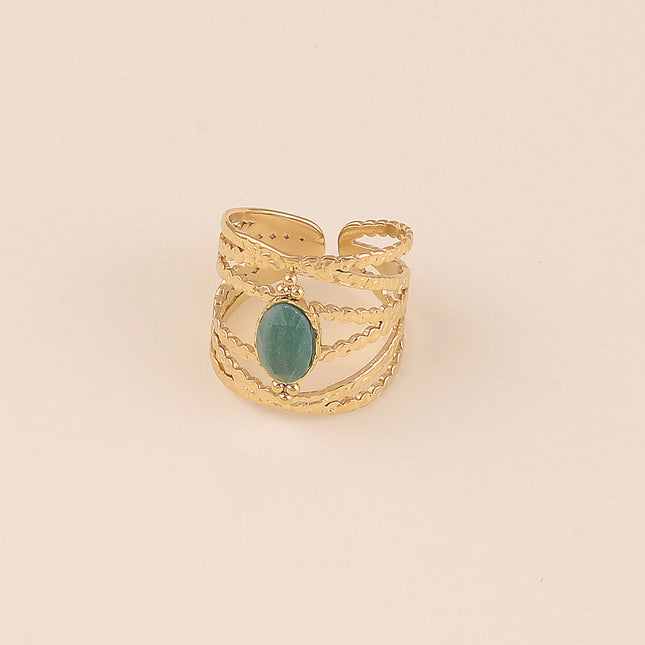 Bague - anneau aux lignes texturées et pierre naturelle ovale