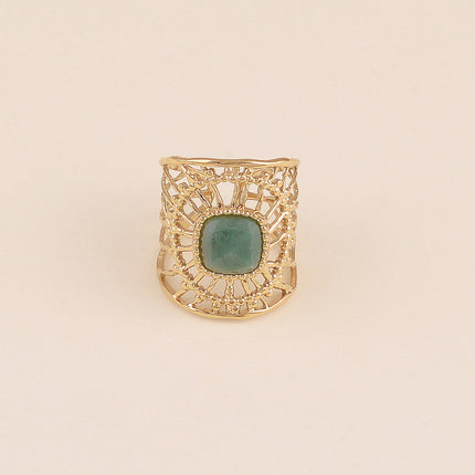 Bague large - motif ensoleillé ajouré et pierre naturelle