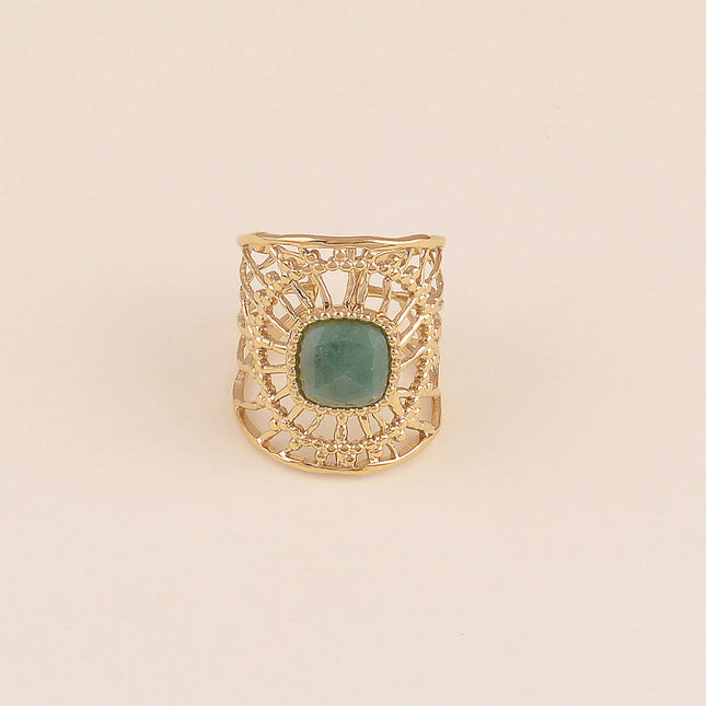Bague large - motif ensoleillé ajouré et pierre naturelle