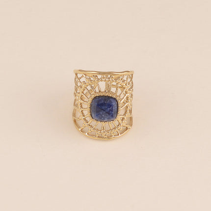Bague large - motif ensoleillé ajouré et pierre naturelle