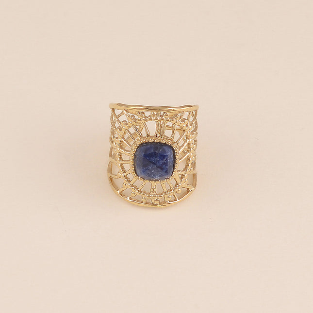 Bague large - motif ensoleillé ajouré et pierre naturelle
