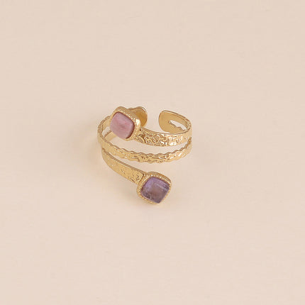Bague - 3 rangs, anneaux texturés et pierres naturelles