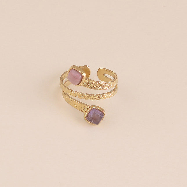 Bague - 3 rangs, anneaux texturés et pierres naturelles
