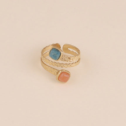 Bague - 3 rangs, anneaux texturés et pierres naturelles