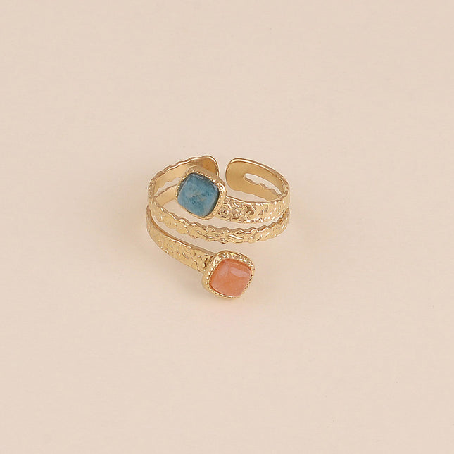 Bague - 3 rangs, anneaux texturés et pierres naturelles