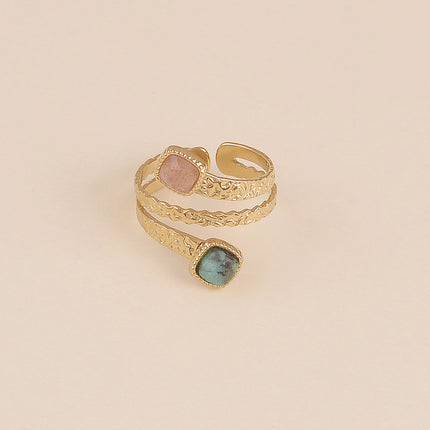 Bague - 3 rangs, anneaux texturés et pierres naturelles