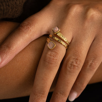 Bague - 3 rangs, anneaux texturés et pierres naturelles