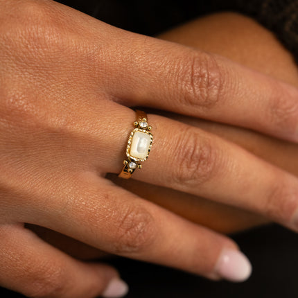 Ring - hammered band, rectangular mother-of-pearl stone and cubic zirconia