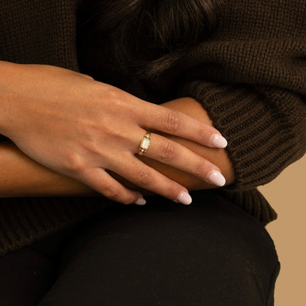 Ring - hammered band, rectangular mother-of-pearl stone and cubic zirconia