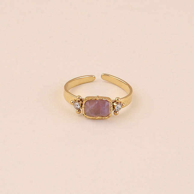 Bague - anneau martelé, pierre naturelle rectangulaire et oxydes de zirconium