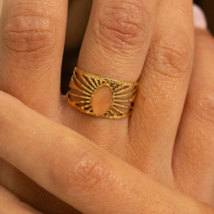 Wide ring - radiating band and marquise-cut natural stone