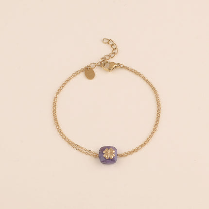 Bracelet - 2 rangs, pierre naturelle carrée et trèfle