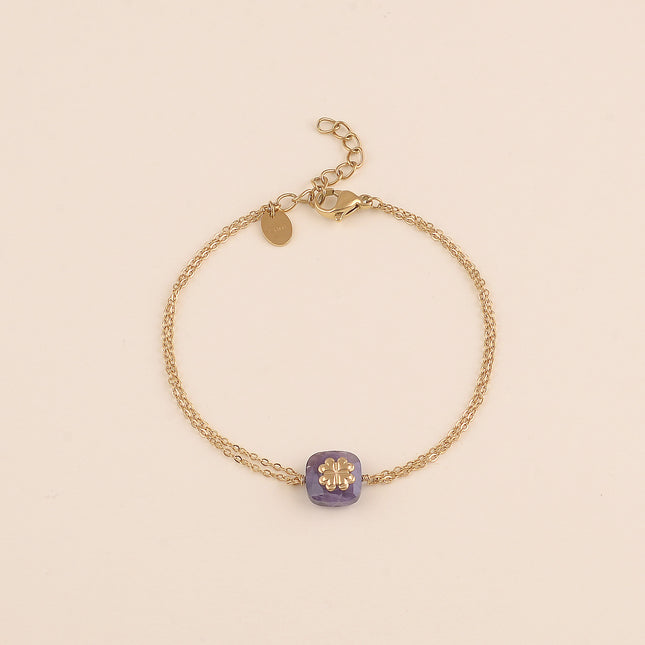 Bracelet - 2 rangs, pierre naturelle carrée et trèfle