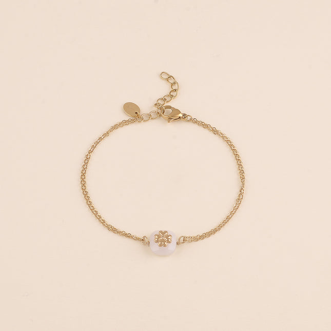 Bracelet - 2 rangs, pierre naturelle carrée et trèfle