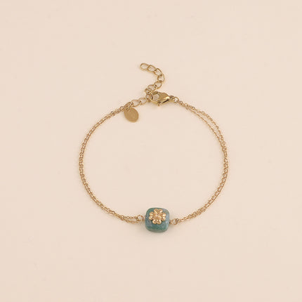 Bracelet - 2 rangs, pierre naturelle carrée et trèfle