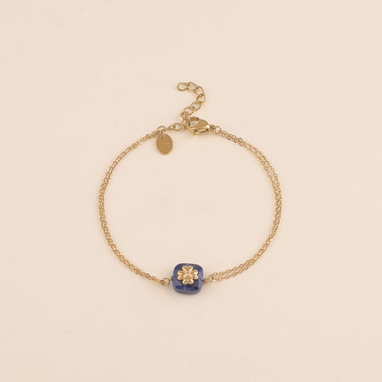 Bracelet - 2 rangs, pierre naturelle carrée et trèfle