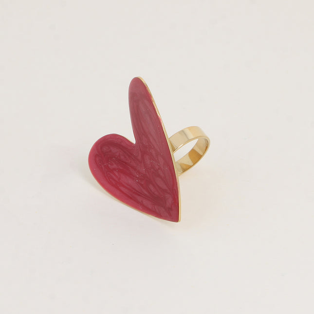 Bague - pièce plate coeur, émail reflet nacré
