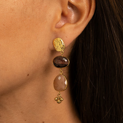 Dangle earrings - hammered rectangular piece, 2 oval and triangular natural stones, and 3 beads