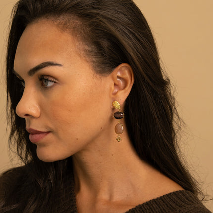 Dangle earrings - hammered rectangular piece, 2 oval and triangular natural stones, and 3 beads