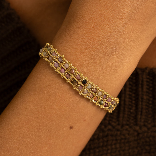 Bracelet - on cord with braided chains and round natural stones