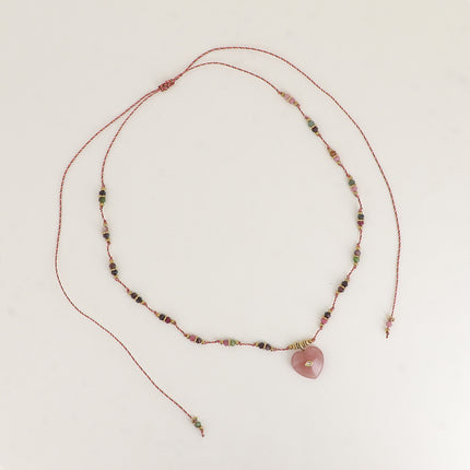 Sautoir sur fil - perles en acier, pierres naturelles et coeur brossé avec oeil et cristal