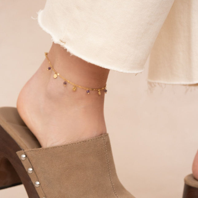 Thaly anklet - textured round tassels and natural stones