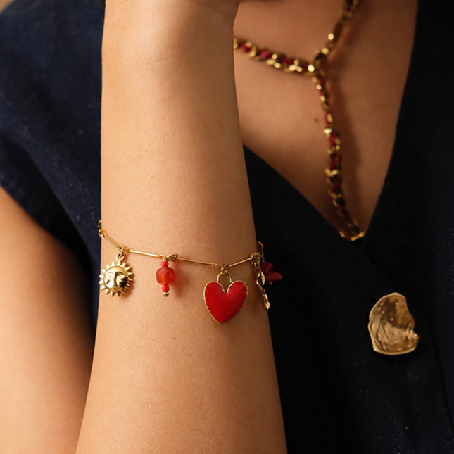 Marcellis Bracelet - sun, enamel heart, clover, North Star and natural stones